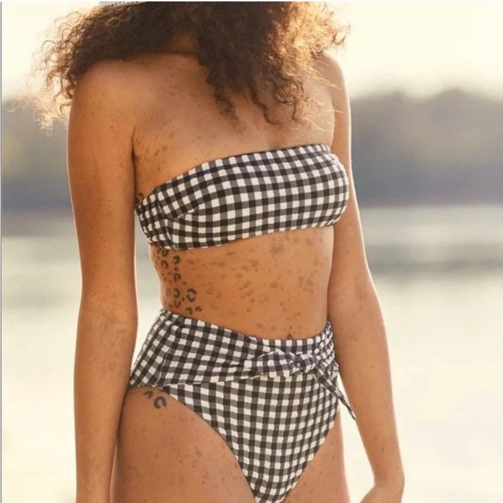 (L) aerie High Cut Cheeky Bikini Bottoms Large Blue White Gingham Tie Waist - Picture 8 of 9
